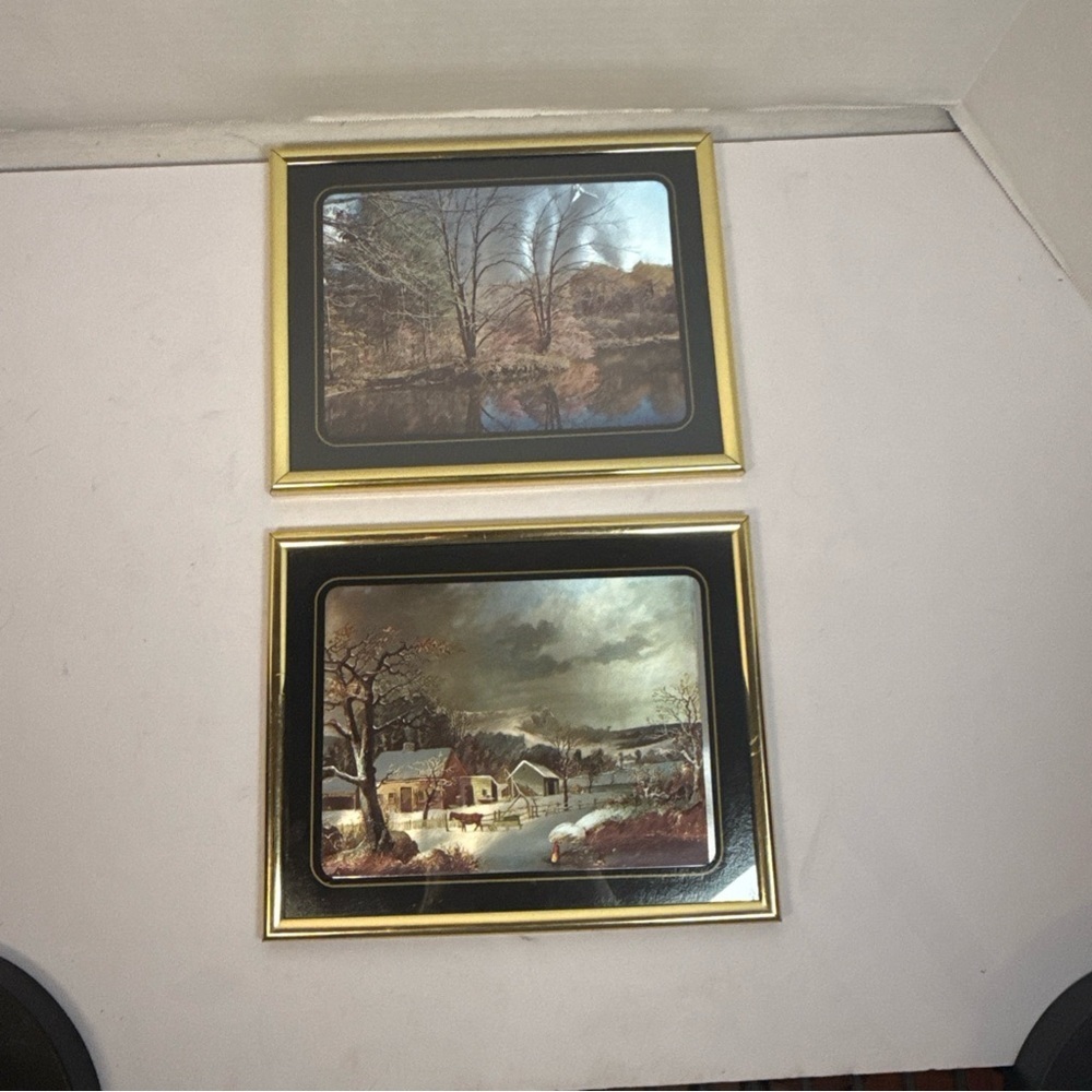 Set 2 Blue Foil Etching Reflective Trees House Kids Farming,Hourse Art 3D Framed